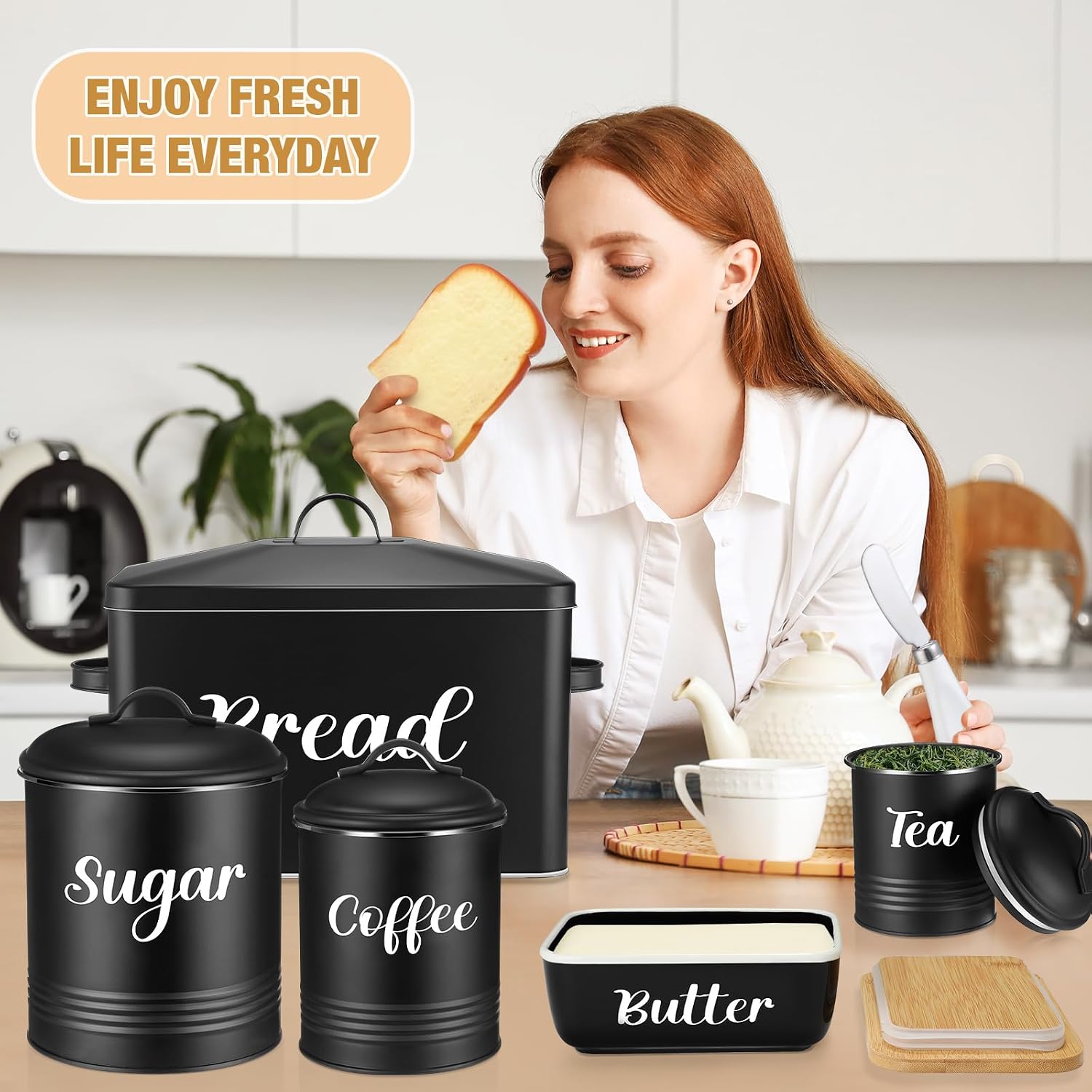 Teenyyou Extra Large Bread Box for Kitchen Counter Farmhouse, Metal Bread Bin and Ceramic Butter Dish with Lid and Knife, 3 Airtight Rustic Canister Containers Set for Sugar Coffee Tea(Balck)