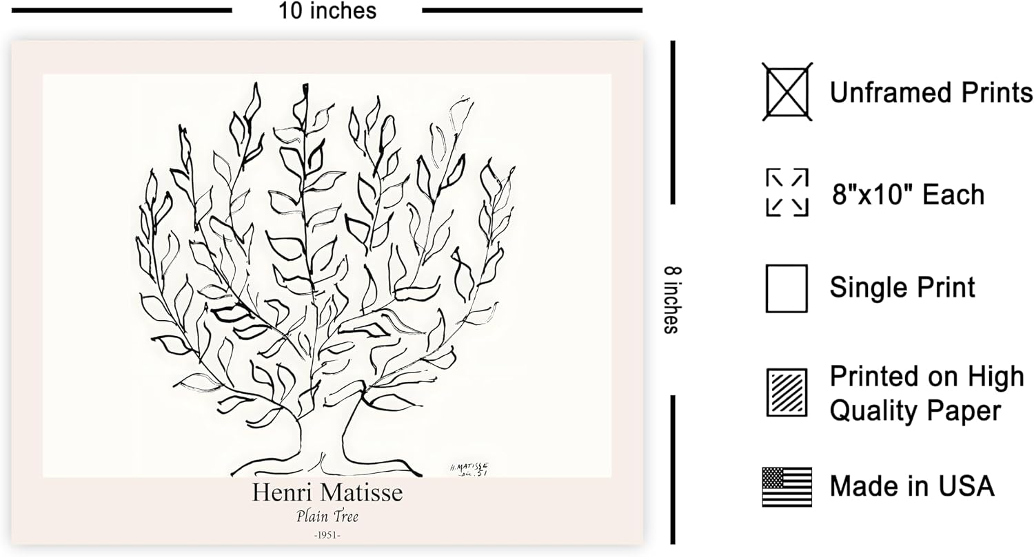 Poster Master Vintage Henri Matisse Poster - Retro Plain Tree Print - Drawing Art - Black and White Illustration - Minimal Piece - Office or Bedroom Decor - 8x10 UNFRAMED Wall Decor