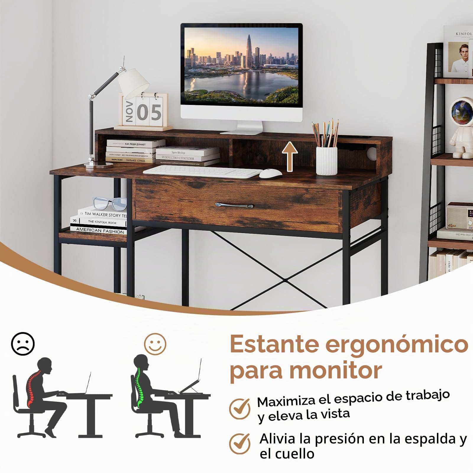 GIANTEX Escritorio de Ordenador con Cajón, 2 Estantes Laterales y 2 Cubos Abiertos, Mesa de Trabajo con Soporte de Monitor y Estación de Carga, 106x48x90,5cm, para Oficina, Dormitorio (Marrón)
