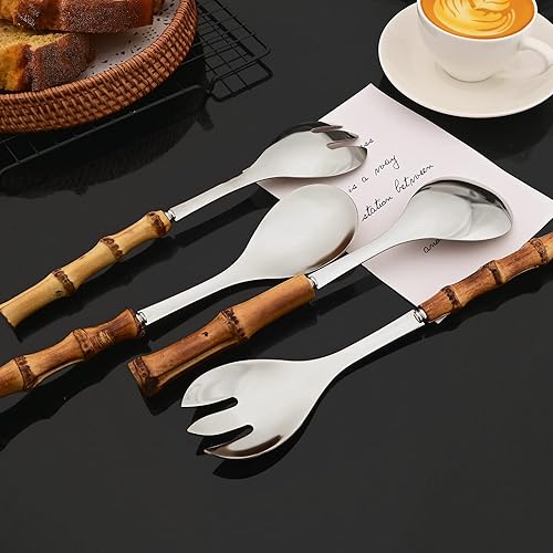 Miniatura 5 de JASHII Utensilios de mango de bambú, cubiertos de acero inoxidable 304, cucharas y tenedores de 4 + 4 piezas, juego de servir anfitriona para bufé,