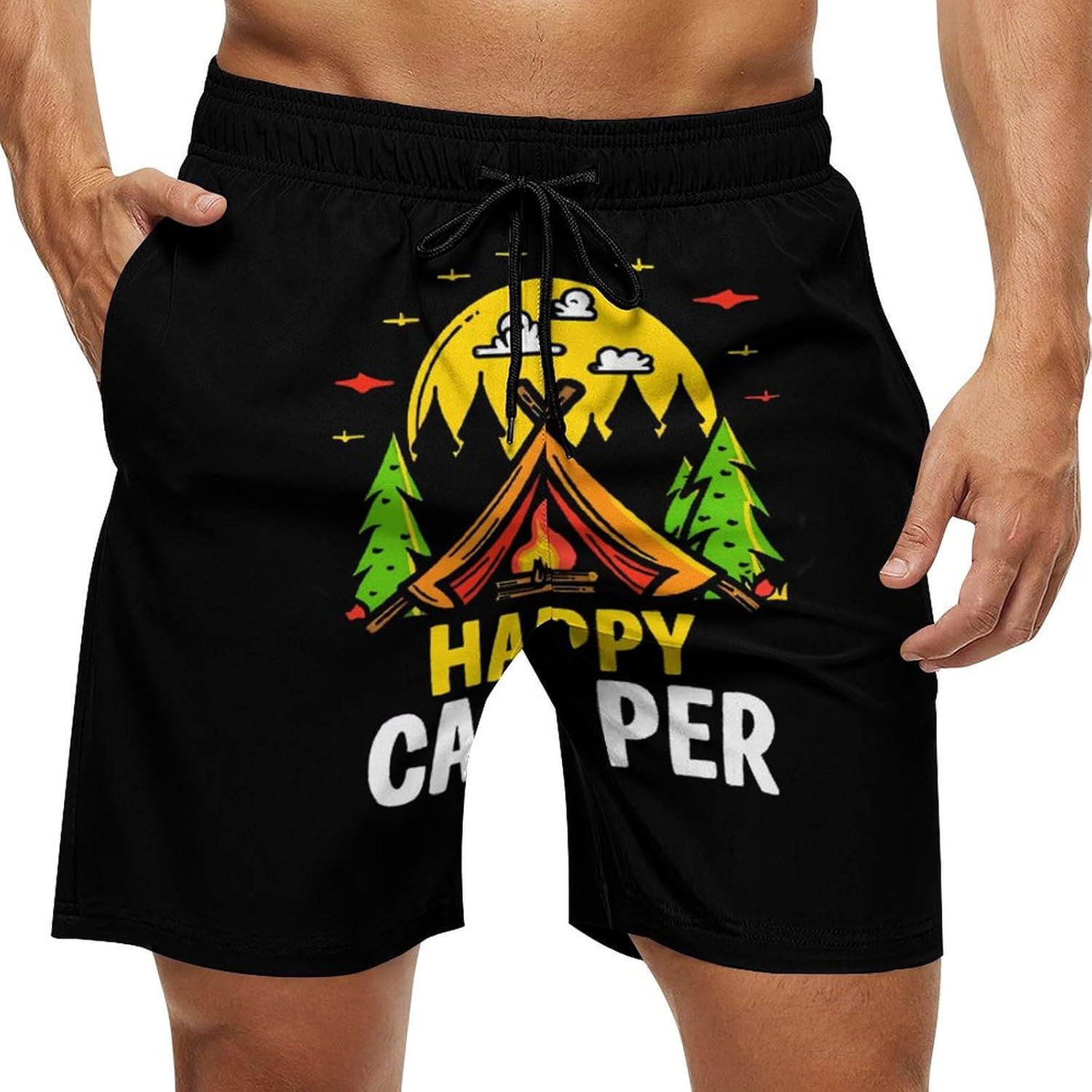 Happy Camping Casual Men's Swim Trunks Novelty Summer Beach Shorts Swimwear with Pocket