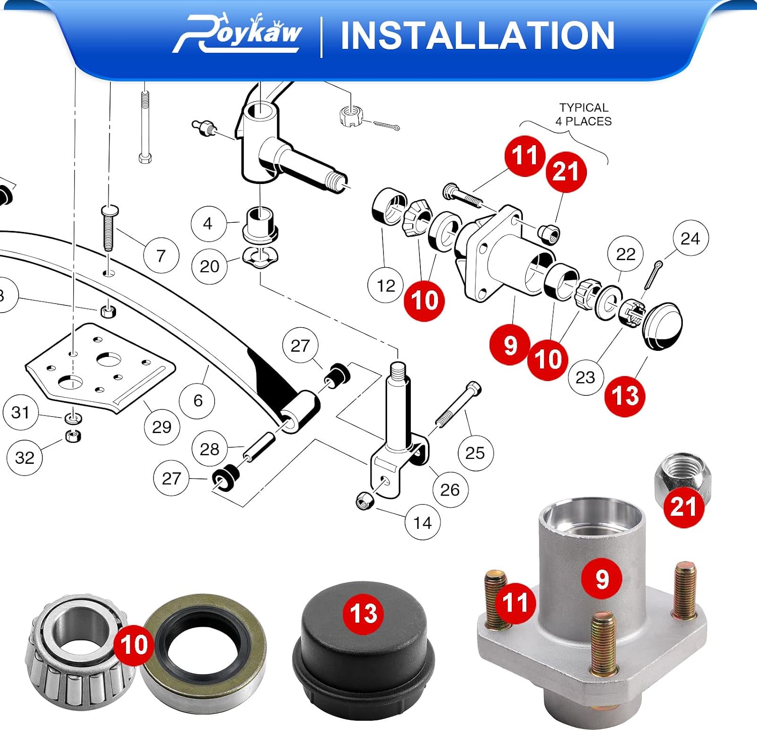Roykaw Club Car Front Wheel Hub Bearing Assembly with Dust Caps & Bearings for DS Golf Cart Models Replaces OEM # 102357701,1011892,1011889,1011894,11011102,1011153
