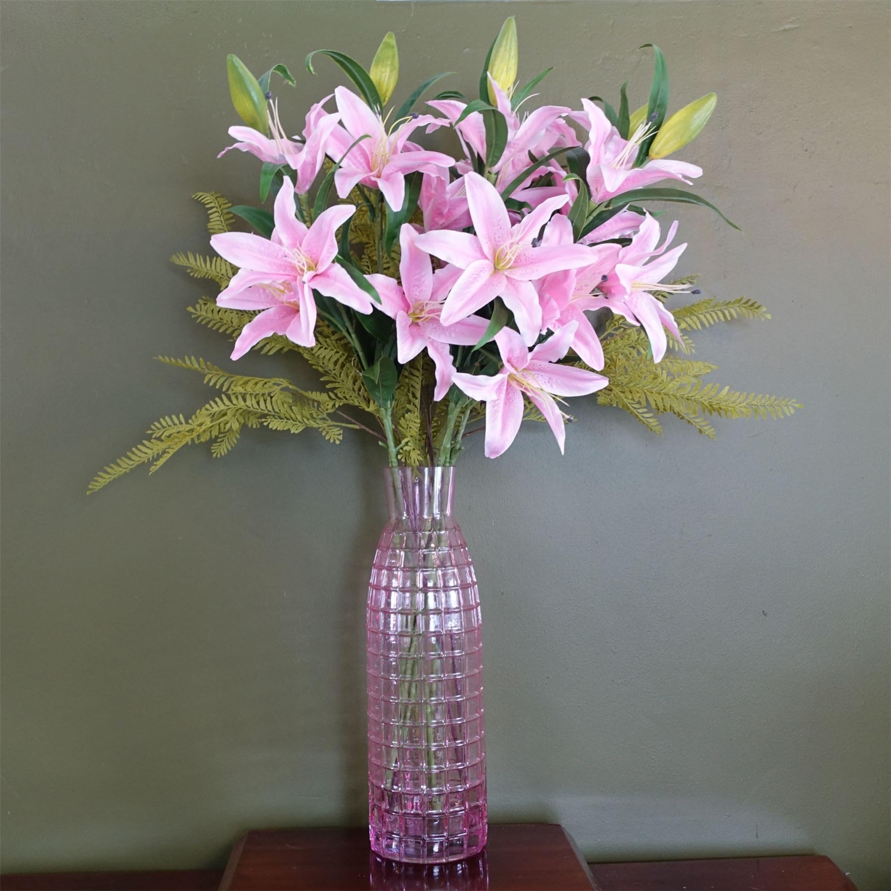 Artificial Pink Lily and Fern Flower Display - 100cm - Glass Vase - Silk Flowers