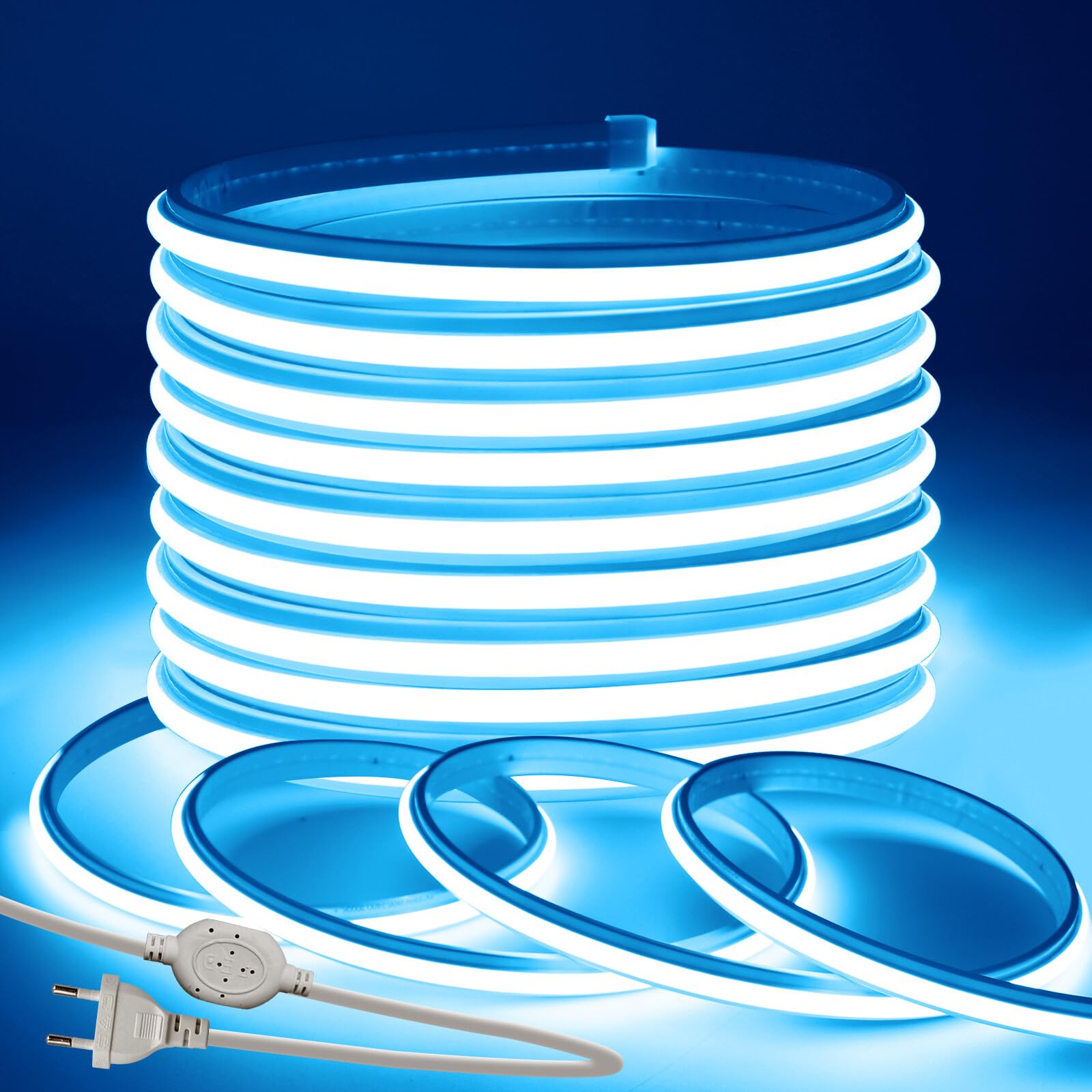 Neon LED Streifen, 240LEDs/m Superhellea Flexibel Selbstklebend COB LED Band, Schnitt alle 10cm，Hochzeit DIWeihnachten DIY LED Lichtband mit Netzteil für Wohnzimmer Küche Deko(Eisblau，35m)