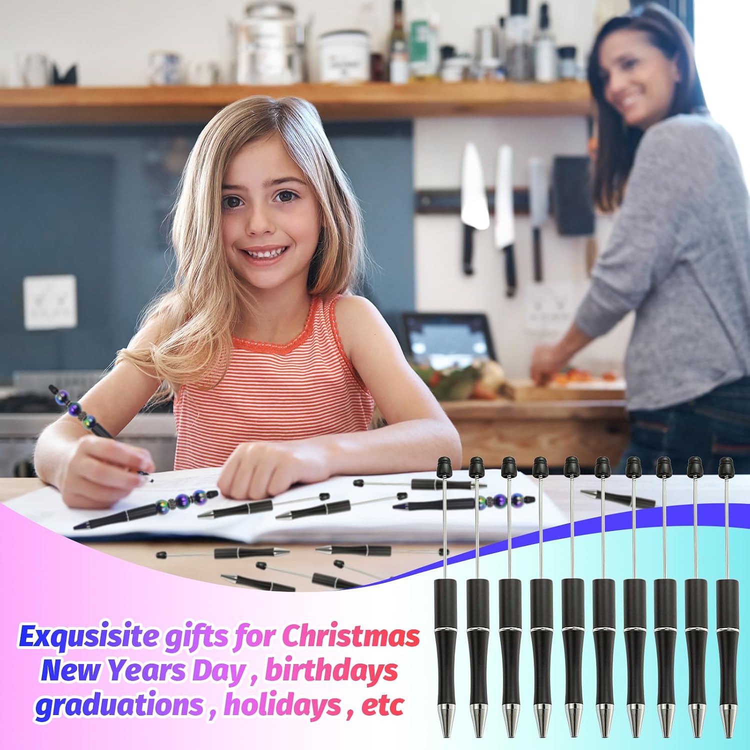 150 Pieces DIY Beadable Pen Kit – 50 Plastic Ballpoint Pens with Refills & Bags – School Supplies, Office Accessories & Decorative Items for Students & Teachers （Black） image 5