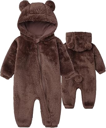 Baby Snowsuit Bear Ear Hooded Jumpsuit Fleece Romper Zipper Winter Coat Outfits
