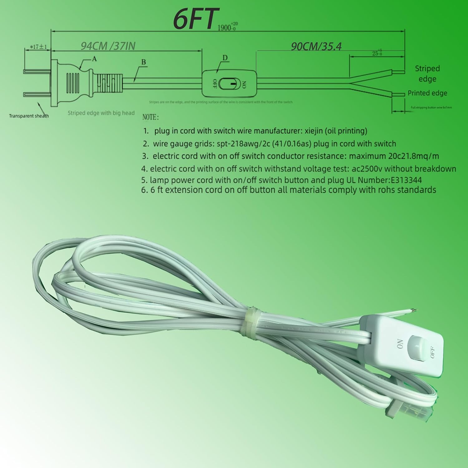 6 ft /1.9M White Lamp Cord with Switch,1 Pack 2 Prong 18AWG Light Power Cord with 3A On/Off Switch,Pure Copper Wiring Tail Stripped (6FTwhite)