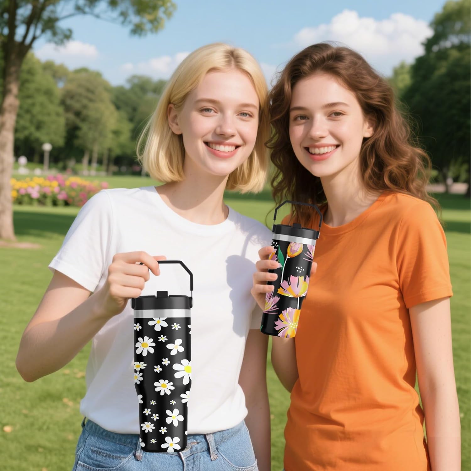 FOLAI Stainless Steel Insulated Water Bottle (4 pack), 30oz Leak Proof Sublimation Tumblers for Hot Drinks with Wide Mouth Lid, BPA Free, Sport Bottles for Gym, Travel,Running,Hiking(Tulips+Daisies)