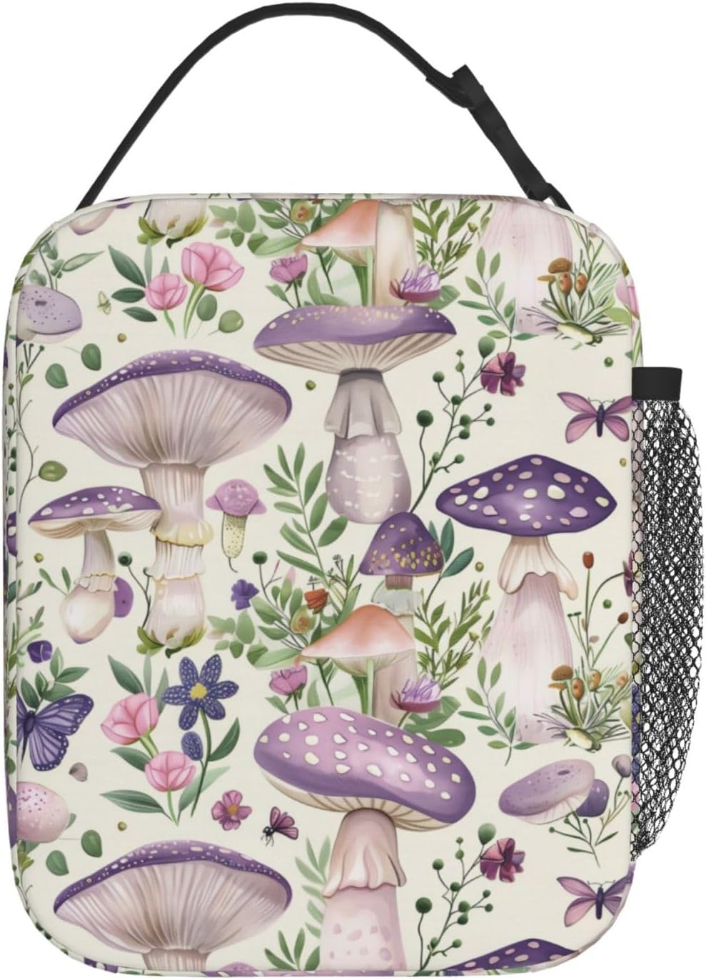 Reusable Purple Mushroom Lunch Box for Kids Girls Boys Women Adult, Insulated Butterfly Lunch Bag,Polyester Cooler Boho Handbags Case for School Picnic Work Travel Beach or Hiking