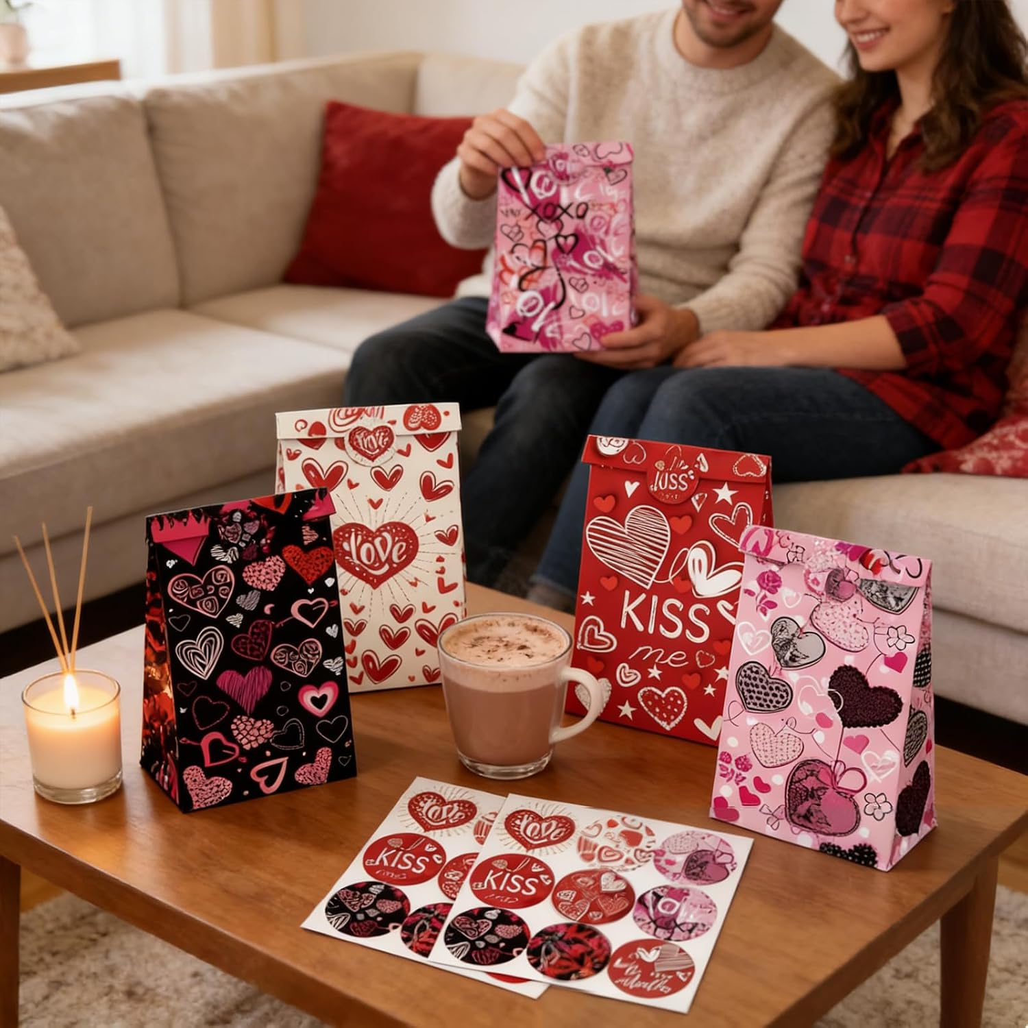12Pack Heart Party Favor Bags with Stickers, Goodie Bags for Party Supplies image 2
