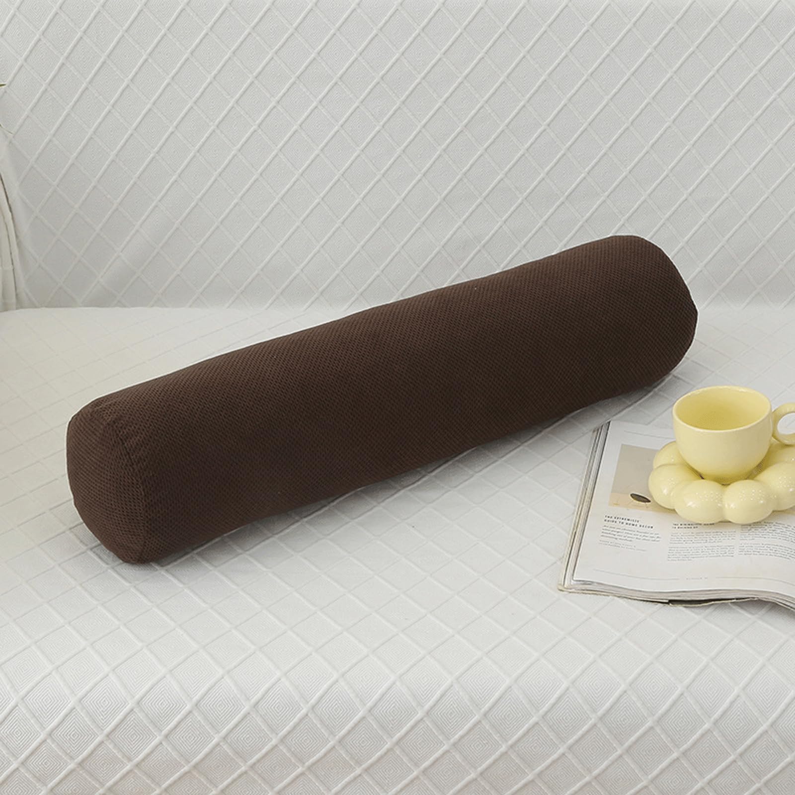 Coussin cervical en rouleau cylindrique avec fermeture éclair pour canapé, chambre à coucher, salon, couleur unie (marron, 20 x 100 cm)