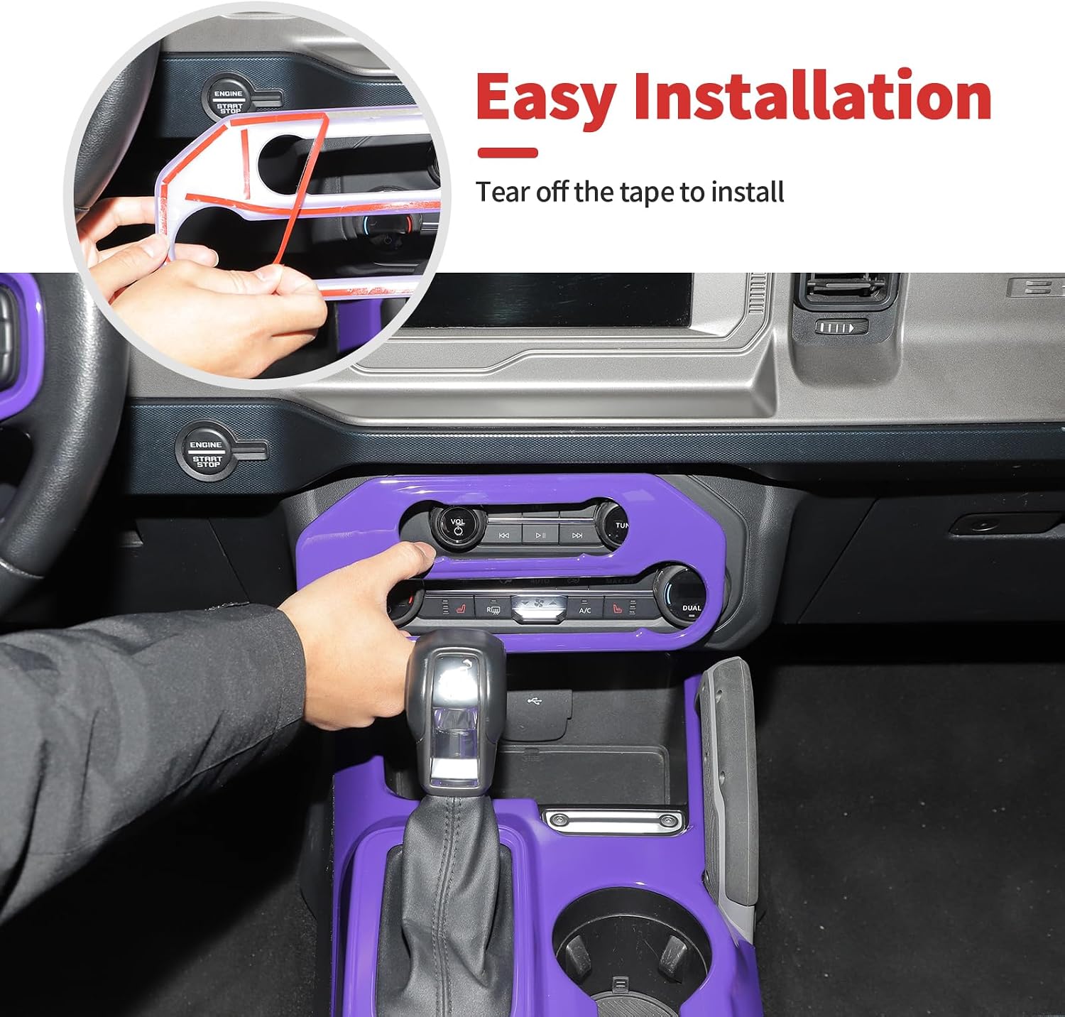 9PCS Full Set Interior Trim Kit Fit for Ford Bronco 2021-2024 4 Door,Center Console Gear Shift Panel Inner Door Handle (Purple) image 5