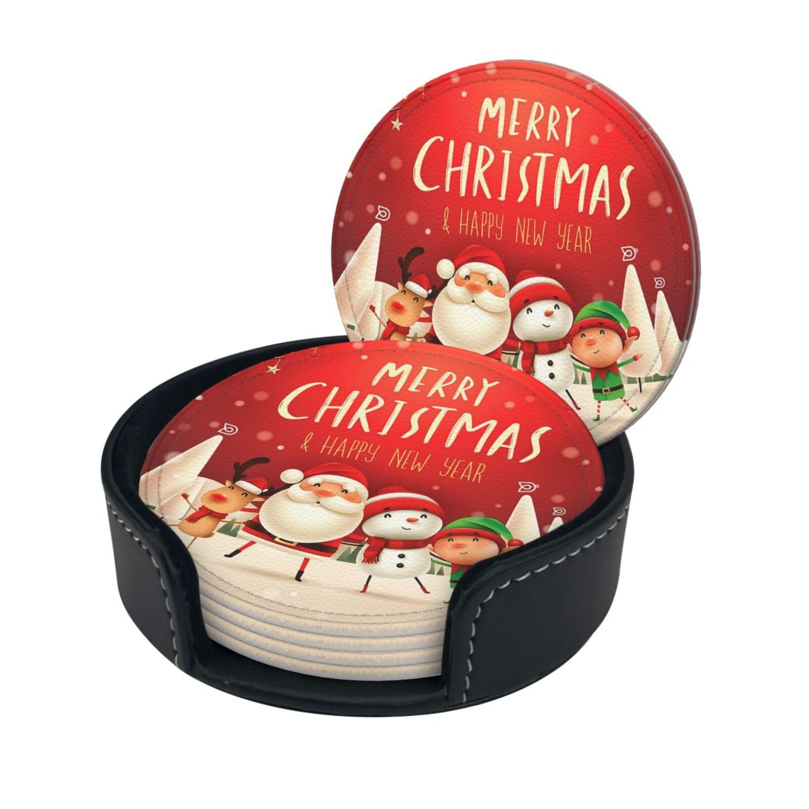 Merry Christmas Print Round Leather Coasters - Set Of 6, Ultra-Fiber Pu Leather