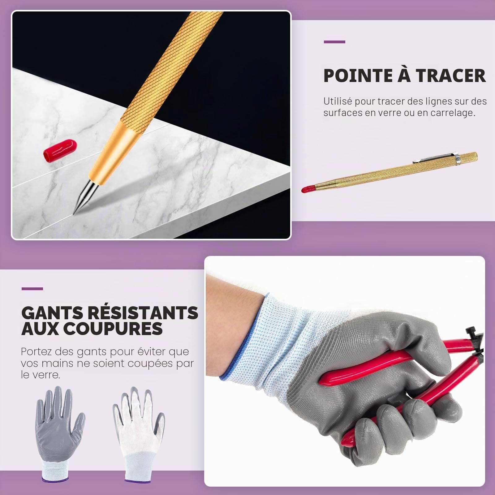 Swpeet Kit de 10 outils de coupe de verre, pince à carrelage à roues en mosaïque de verre, pince à coudre, pince à épiler en carbure de tungstène, coupe-verre à alimentation en huile, gants, sac à