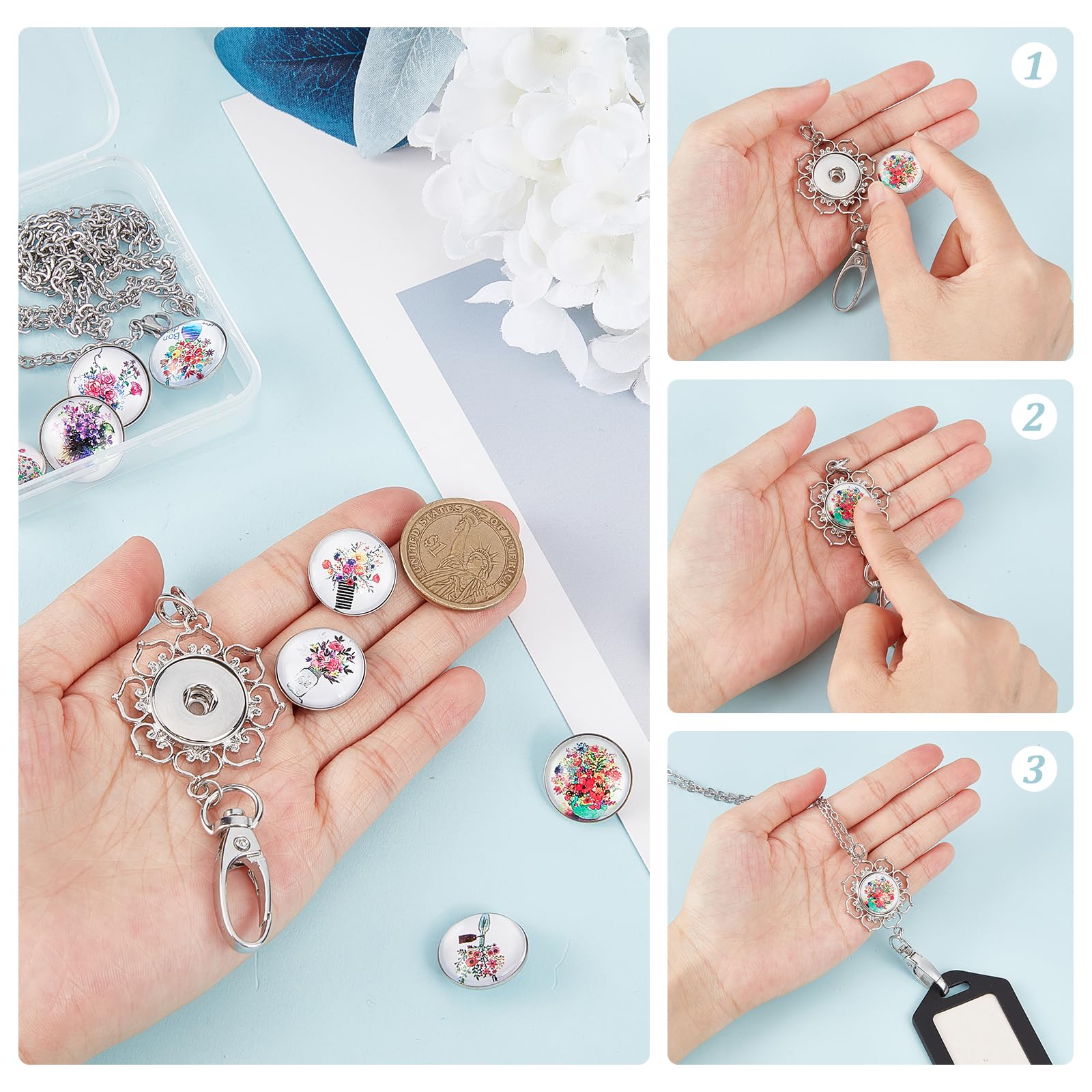 Boutons Pression Verre SUNNYCLUE - Lot 12 Styles Fleurs De Vie - Chaîne Long Collier