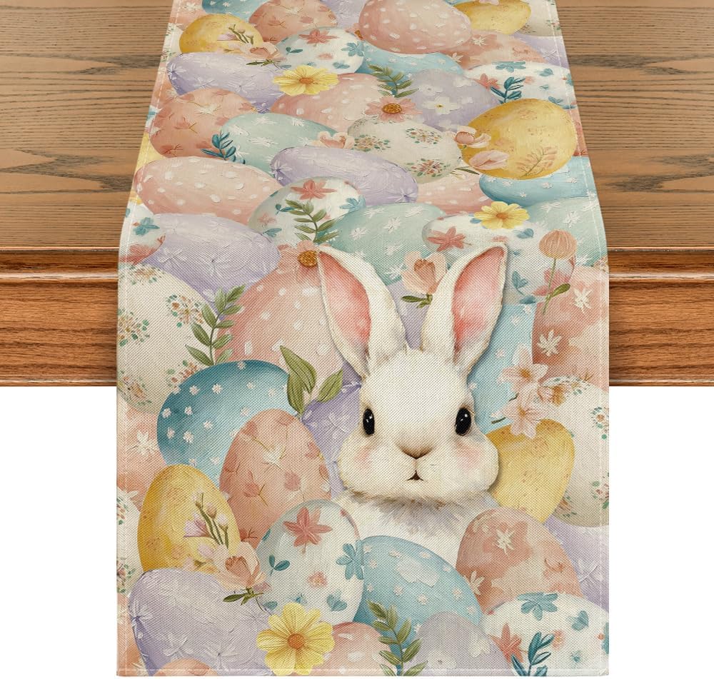 Artoid Mode Bunny Eggs Flower 210 GSM Easter Table Runner, Seasonal Spring Kitchen Dining Table Decoration for Home Party Decor 13x72 Inch