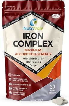 Iron Complex | 30 Vegan Tablets | One-A-Day with Gentle Iron Bisglycinate, Methylated B12 & Folate, Vitamin C, B6 & Copper | High Absorption Formula | Energy, Tiredness & Immune Support | by NutriVolv
