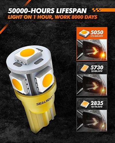 Vista 7 de SEALIGHT 194 bombillas LED, 168 T10 bombilla LED ámbar 2700 K amarillo 2825 para señales de giro y luces de cúpula de marcador lateral, bombilla LED