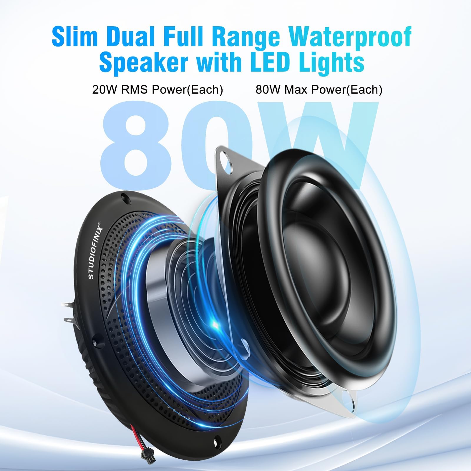 Enceintes Bluetooth étanches STUDIOFINIX pour bateaux - Audio extérieur 2 voies 5,25", étanche, éclairage LED, 160W, design fin discret (Noir)