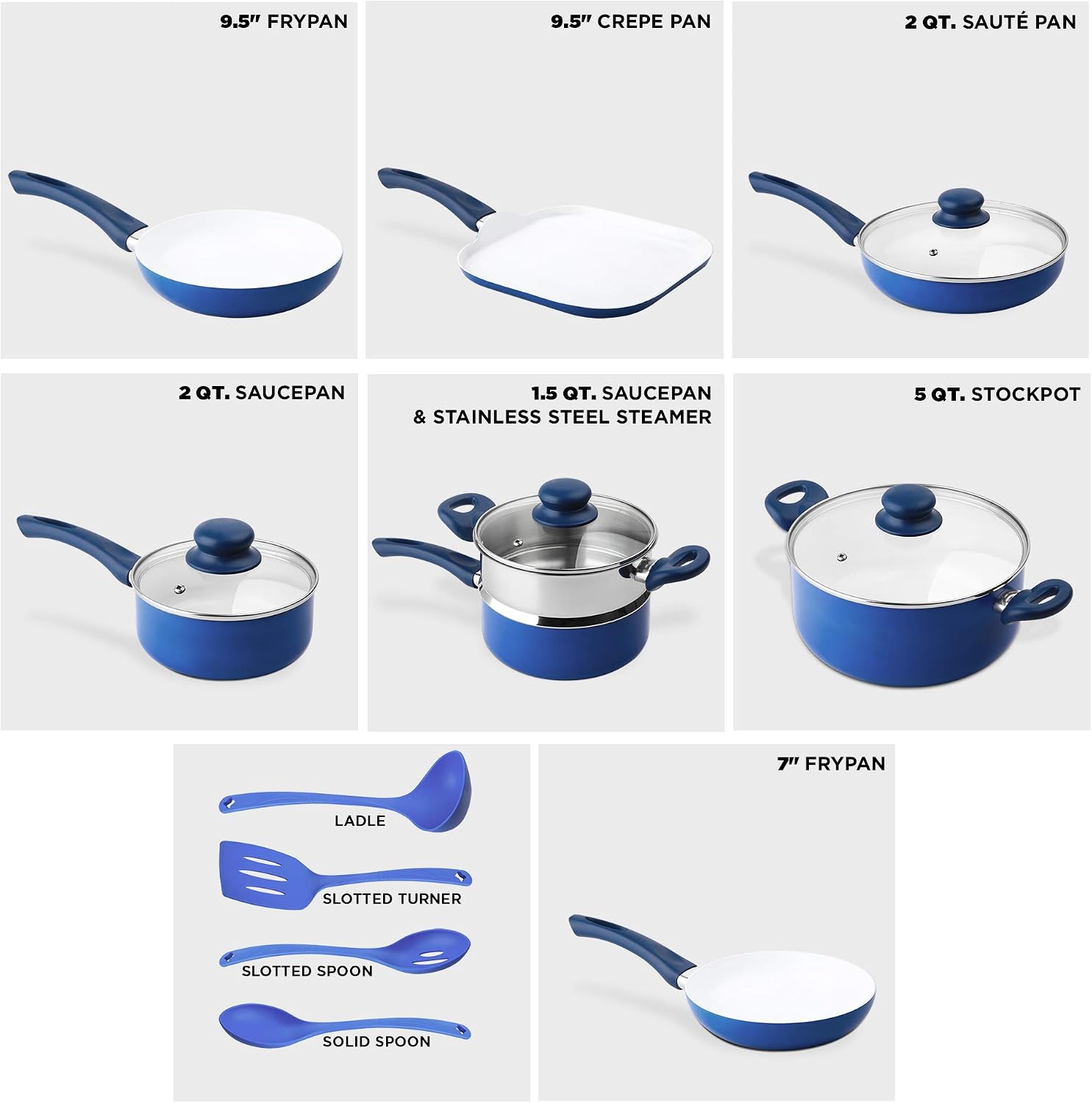 Ivation 16pc Healthy Ceramic Nonstick Cookware Set w/ Induction Compatible Base | Dishwasher Safe, PFOA & Toxin Free | Pots & Pans Set w/ Stay-Cool Bakelite Handle & Tempered Glass Lid | Blue