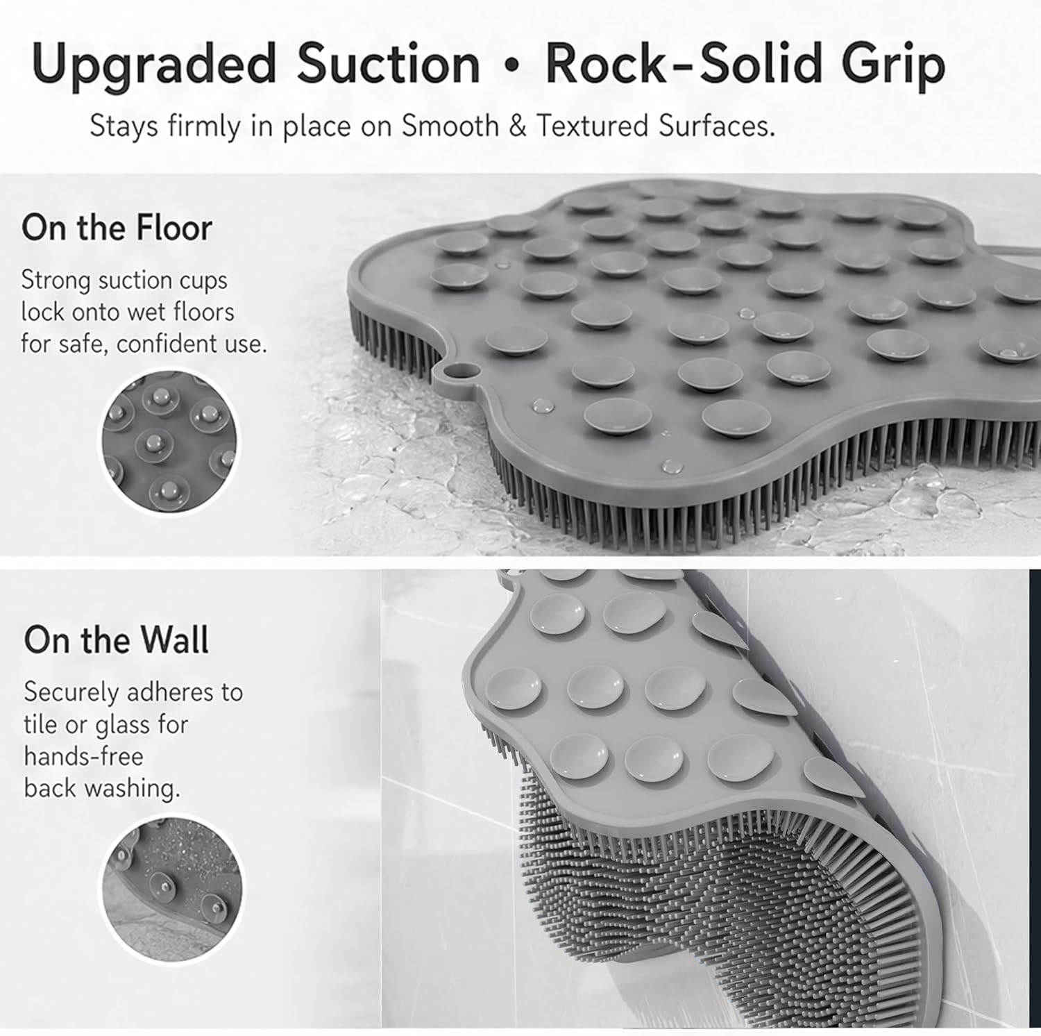 Dual-Sided Silicone Shower Foot Scrubber Mat – Foot Scrubber in Shower for Deep Cleaning & Exfoliation | Wall-Mounted Shower Foot Scrubber Mat & Back Cleaner for Men and Women (Grey, Standard)