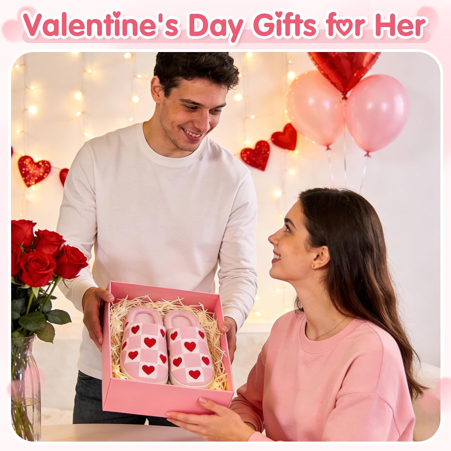 Valentines Heart Slippers for Women Men, Fuzzy Memory Foam Cute House Slippers, Non-Slip Plush Fluffy Bow Slipper Indoor Cozy Winter Bedroom Shoes Valentines Day Gifts