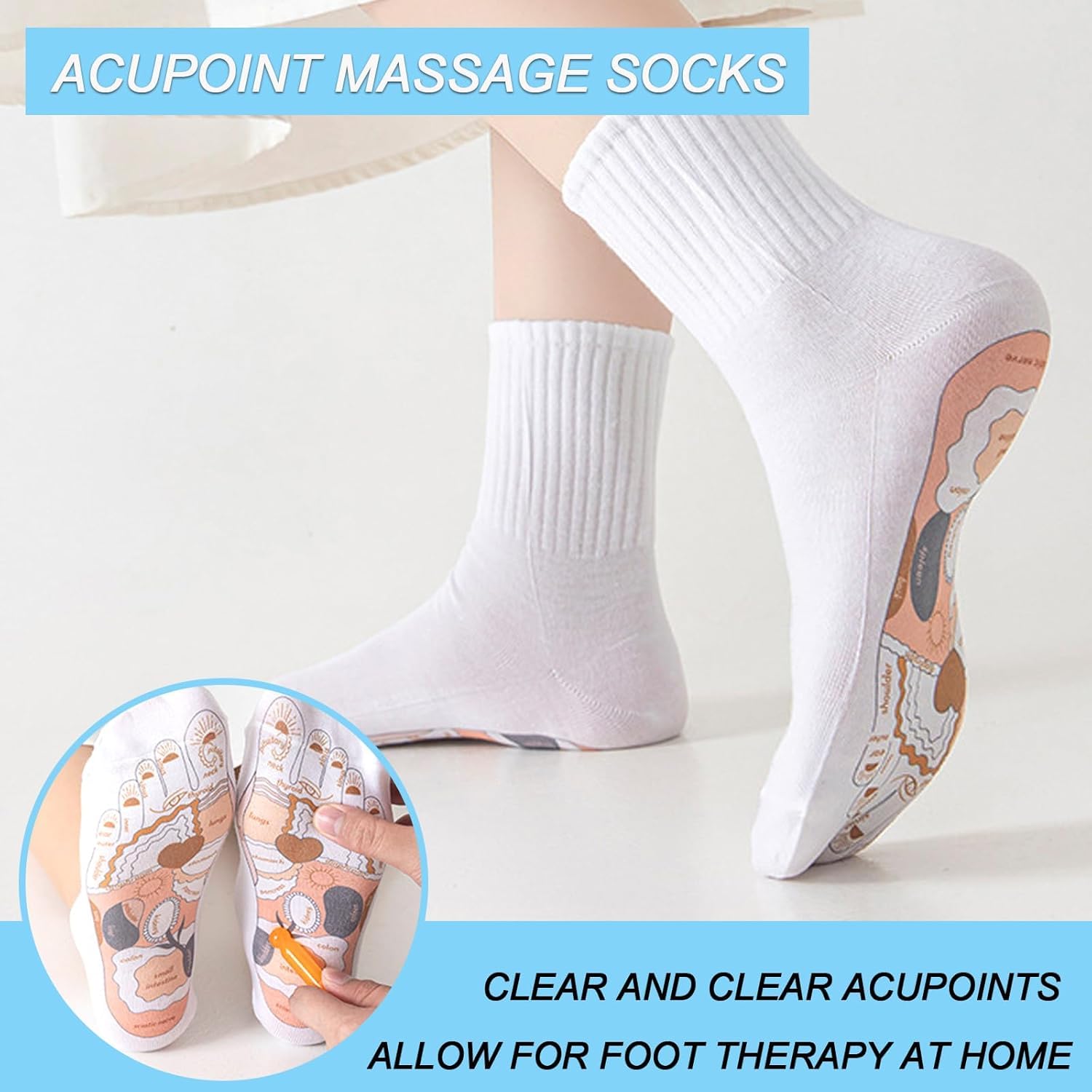 Reflexzonensocken mit Werkzeug – 4 Stück – Socken und Akupressur-Reflexzonenwerkzeuge, mit Massagegerät, Akupunktur-Punktdiagramm, Fußmassage-Socken, Akupunktursocken, Druckstellen und