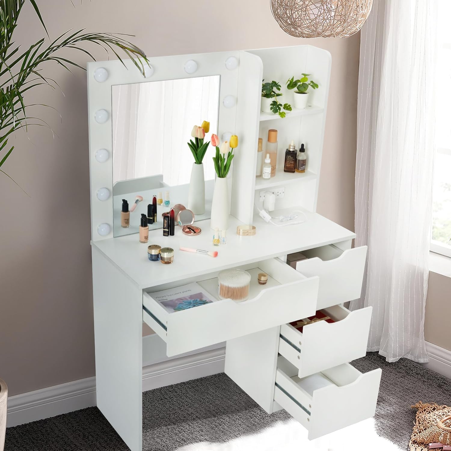 Vanity Desk with Mirror & Light, Makeup Table with Drawers and Power Outlet, 3 Lighting Modes, Bedroom Dressing Table, White
