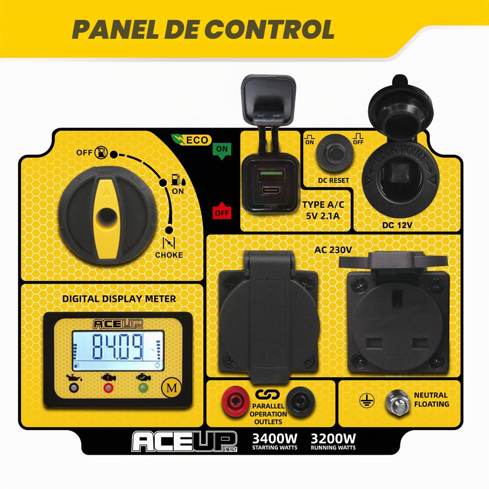 Aceup Energy - Generador inversor portátil de 3400 W, generador de onda sinusoidal pura alimentado por gasolina, silencioso para el hogar, camping, RV, EURO-V, CE
