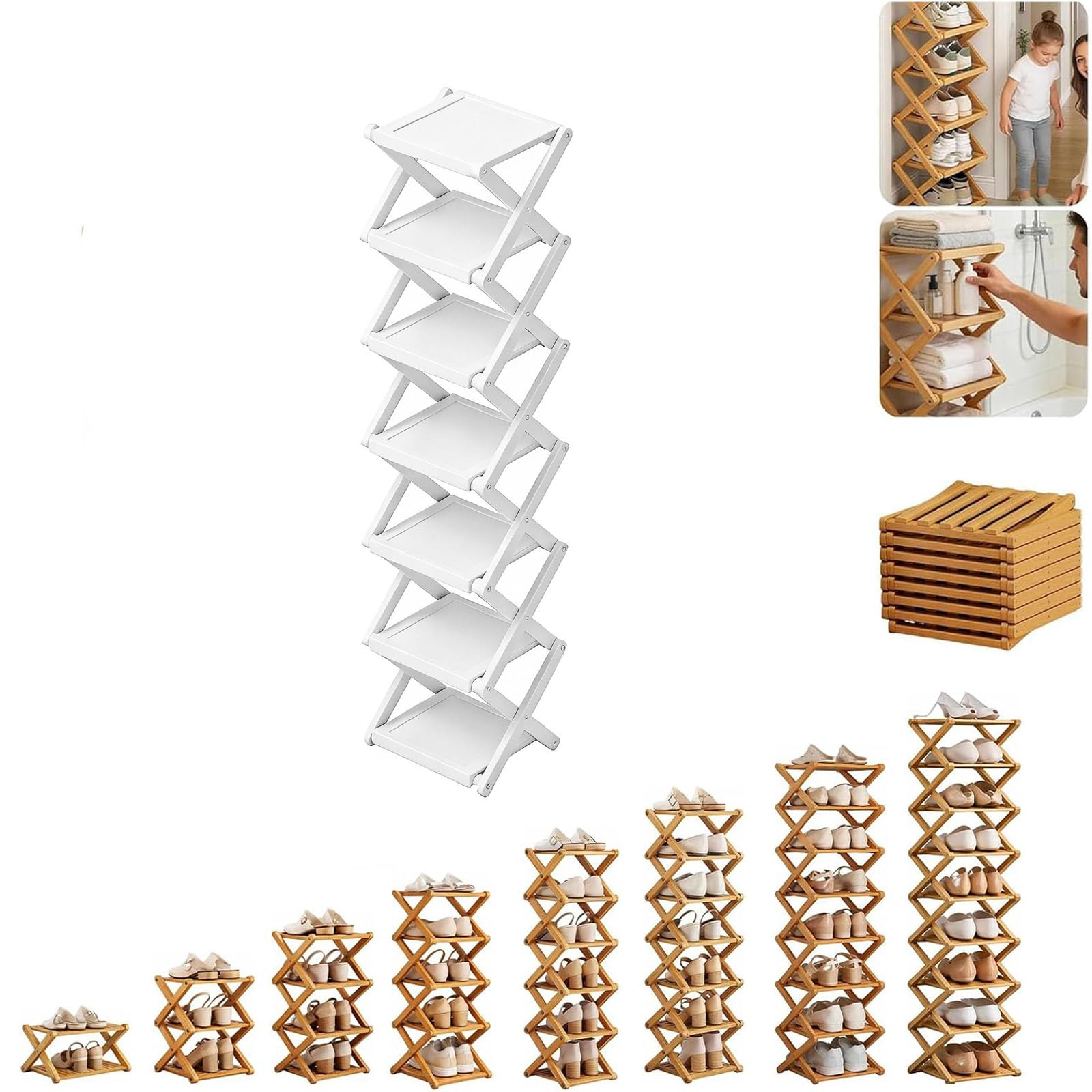 Zapatero de bambú de 2/3/4/5/6/7/8 niveles, no requiere instalación, zapatero plegable, almacenamiento multicapa, fuerte capacidad de carga, ahorro de espacio, para interiores, balcón (blanco, 7)