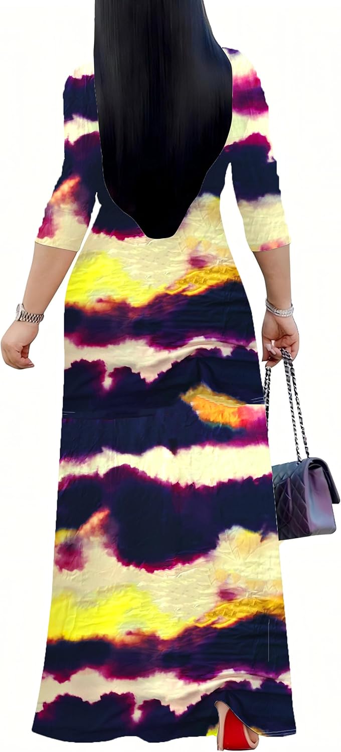 Sexy V Neck Print Maxi Dress for Women Casual Loose 3/4 Sleeves Outfits with Belt - Image 2
