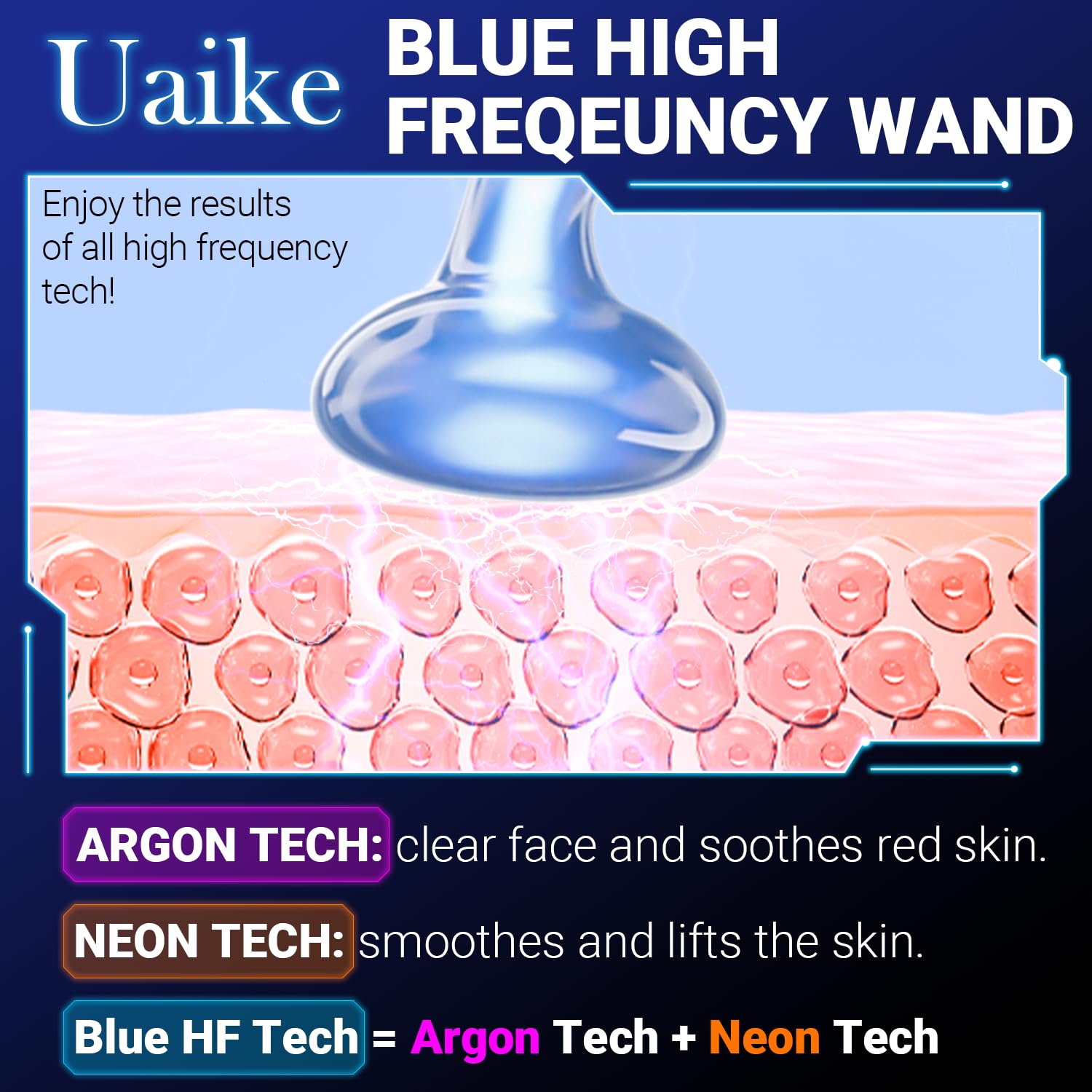 High Frequency Facial Wand - Uaike Portable Handheld Blue High Frequency Skin Facial Machine at Home - Skin Face Wand Device with 4 Different Blue Glass Tubes - Image 3