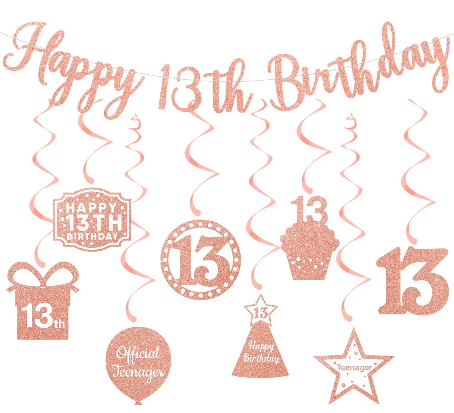 Elicola 13th Birthday Decoration Banner Rose Gold 13 Birthday Hanging Swirls Backdrop Decoration Set for Girls 13th Birthday Official Teenager Party Decorations