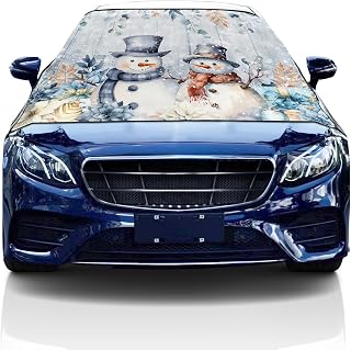 Windshield Cover for Ice and Snow,Car Windshield Snow Cover,Snow Protector Covers with Side Mirrors Cover,Xmas Snowman Flowers Eucalyptus Leaves Blue Car Window Covers for Vans Suvs 86.6"x55"