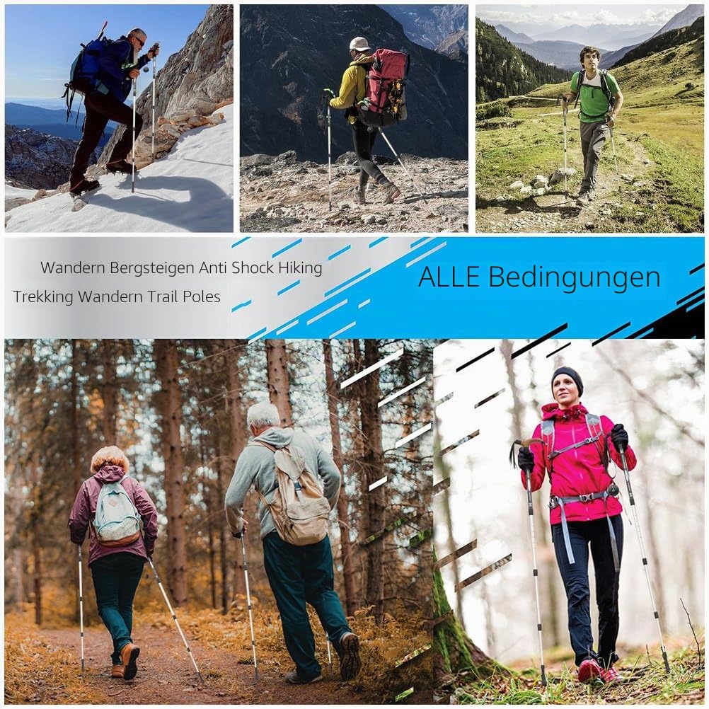 KRY Bergstock / Wanderstock, T-förmiger Griff, einziehbar, aus Luftfahrt-Aluminiumlegierung, verstellbare Teleskopstange, Stoßdämpfung, schwarz