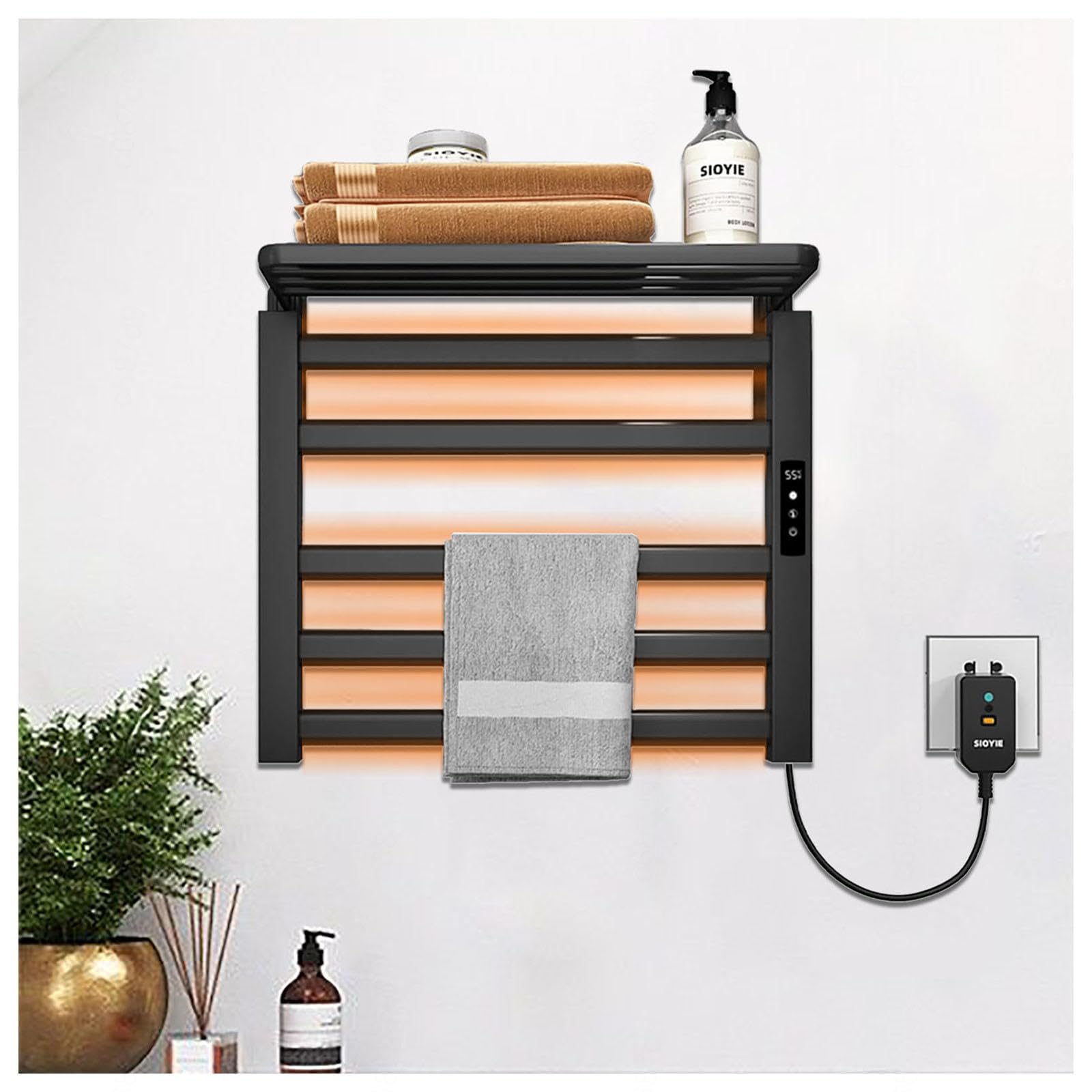 Radiateur Seche Serviette Eau Chaude avec écran LED/Minuterie/Température Ajustable, avec Température Constante 500x500mm,Black