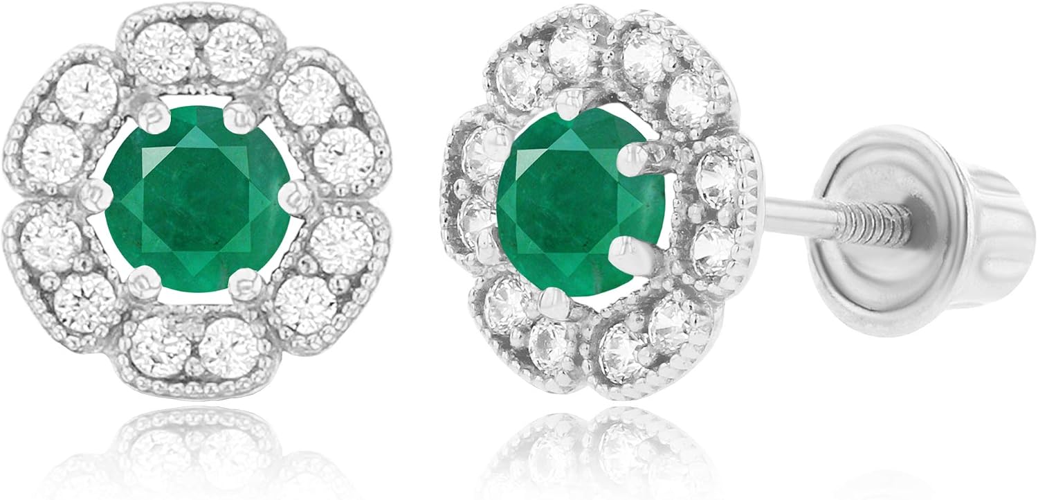 Solid 14K Gold 6mm Natural Birthstone Flower Screwback Stud Earrings For Women | 7mm Round Birthstone | 1mm Created White Sapphire Flower Screwback Earrings For Women