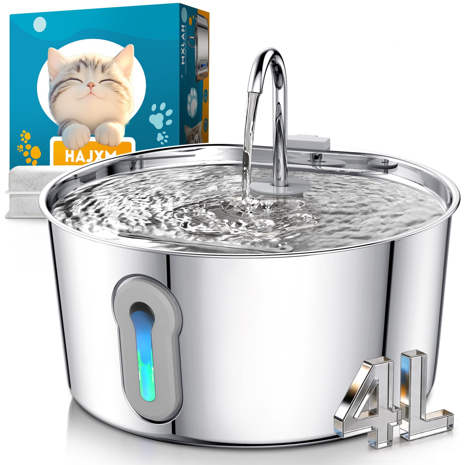 Stainless Steel Cat Water Fountain, 135oz/4L Automatic Pet Fountain Dog Water Dispenser with Ultra-Quiet Pump & 2 Replacement Filters & for Cats Inside, Dogs, Multiple Pets