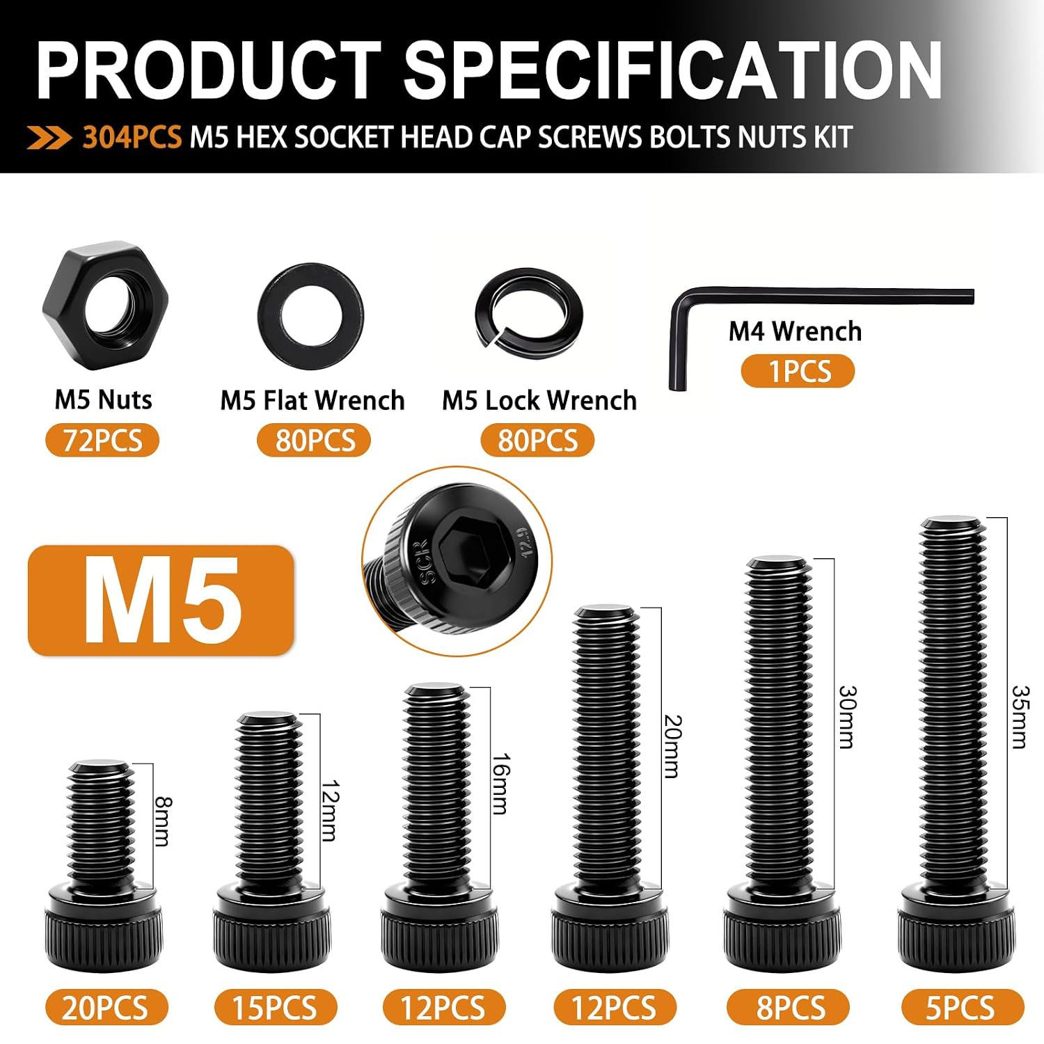 mankk 304PCS M5 Bolts Assortment Kit, Hex Socket Head Cap Screws Nuts