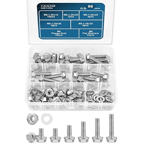 Miniatura 3 de Juego surtido de pernos de brida de acero inoxidable M8 con tapa hexagonal M8, tornillos, tuercas y arandelas, M8-1.25 x 122025301.378 in, estuche