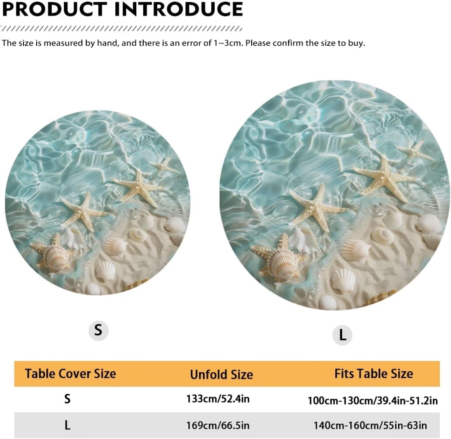 Round Table Cloth with Elastic Beach Starfish Round Table Cover Fitted Waterproof Dustproof Abrasion-Resistant Round Tablecloth 66 Inches Table Decoration for Party,Living Room