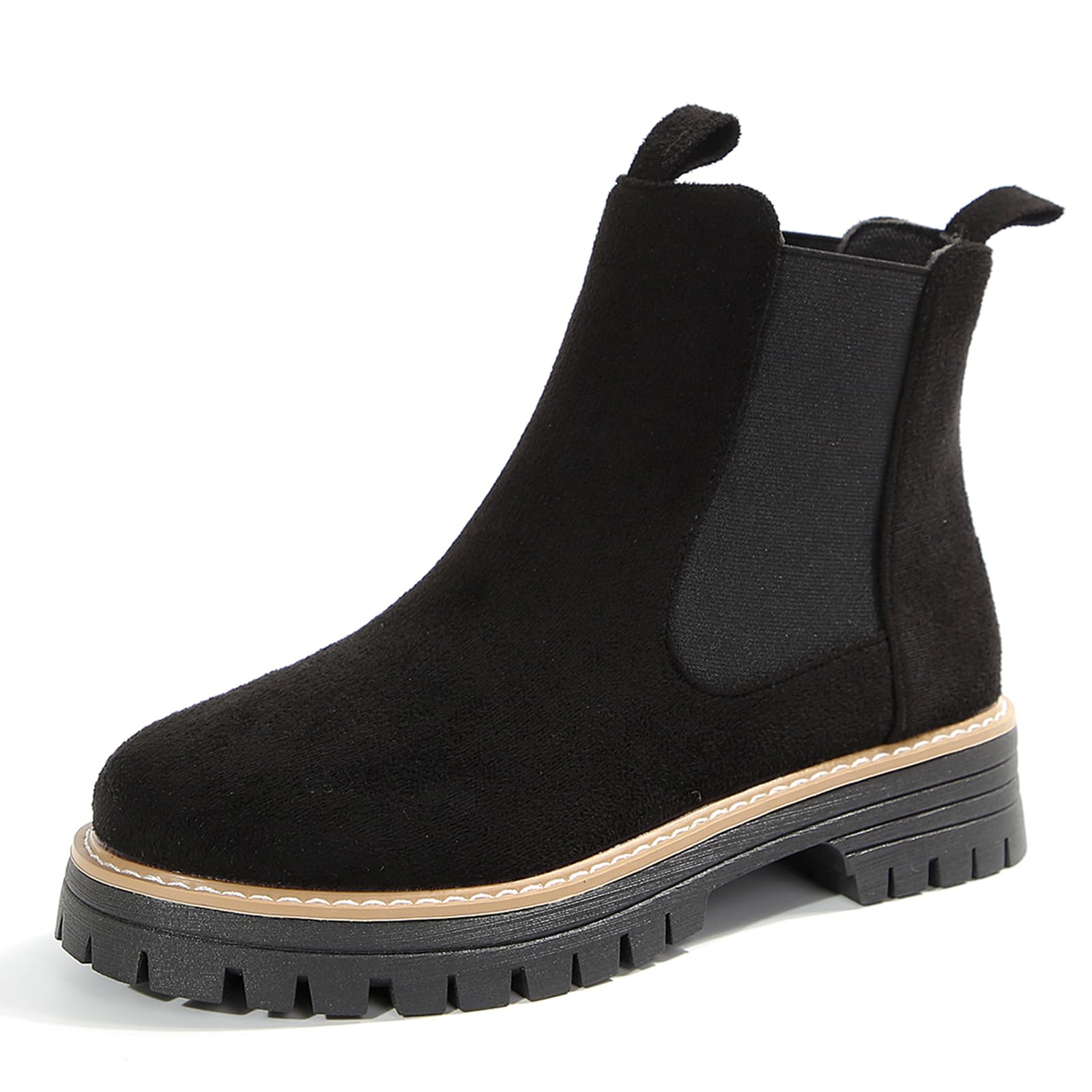 Chunky Chelsea Boots For Women Suede Comfy Platform Elastic Slip On Low Wedge Block Heel For All Season