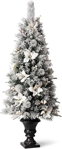 Miniatura 7 de Glitzhome Árbol de Navidad artificial de pino flocado preiluminado de 5 pies con 150 luces blancas cálidas y flor de pascua para decoraciones de