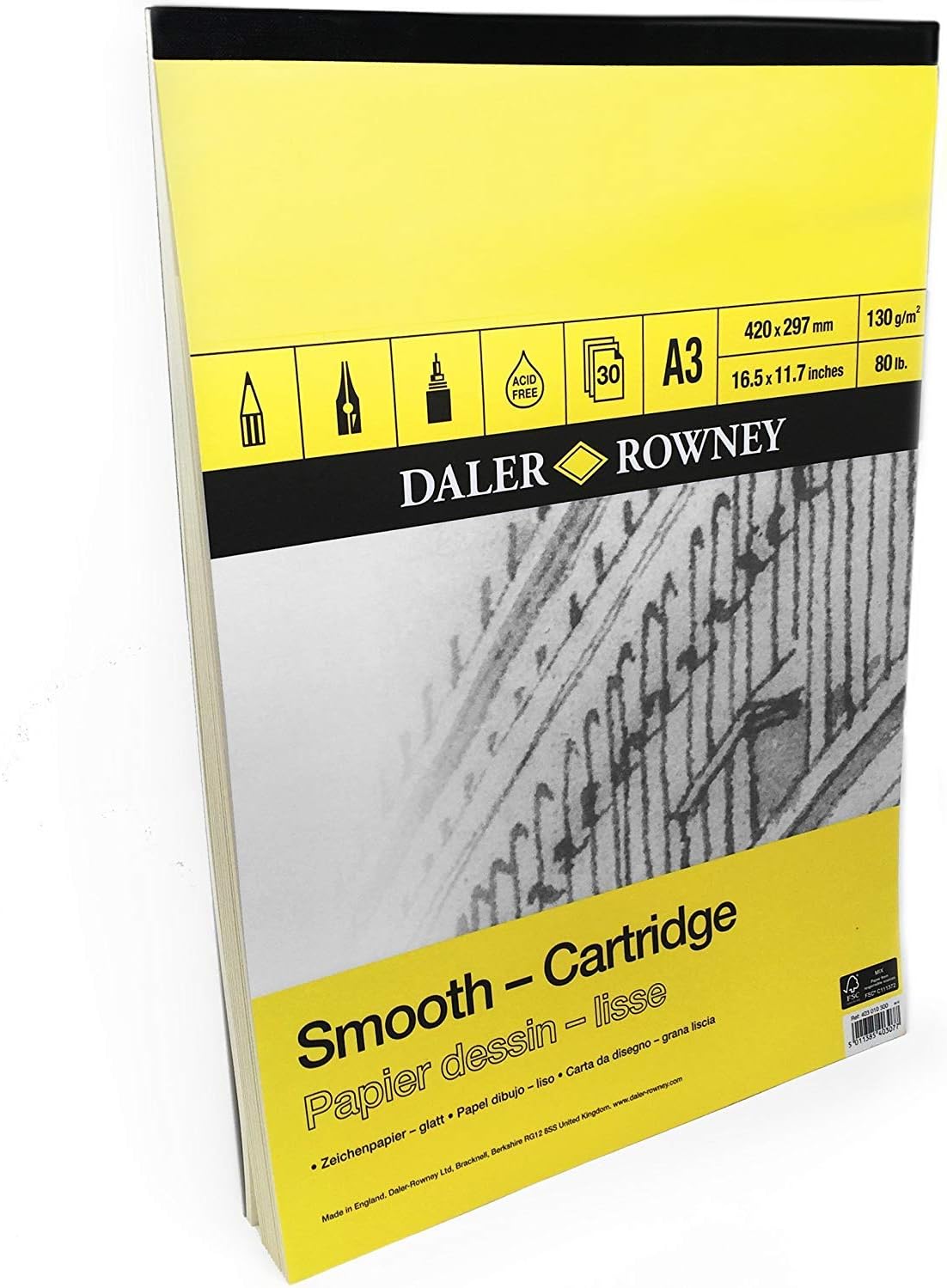 Daler Rowney - Smooth Cartridge Sketchbook - 130gsm - 30 Pages - A3 Portrait - Made in England
