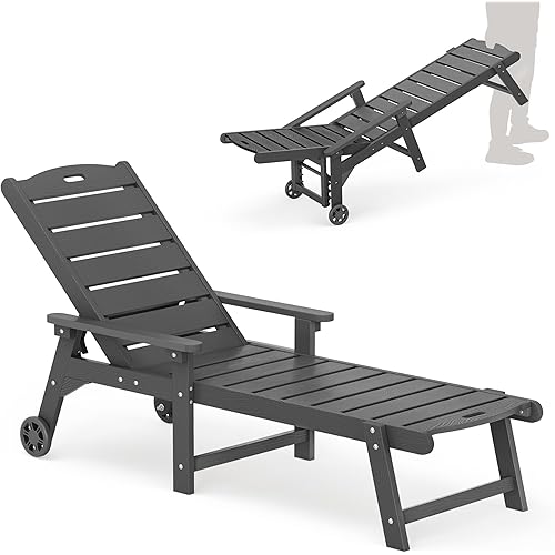 LUE BONA Outdoor Chaise Lounge, HDPS Chaise Lounger, 5 Positions Adjustable Lounge Chairs, Pool Lounge Chair with Wheels for Poolside, Backyard, Dark Gray