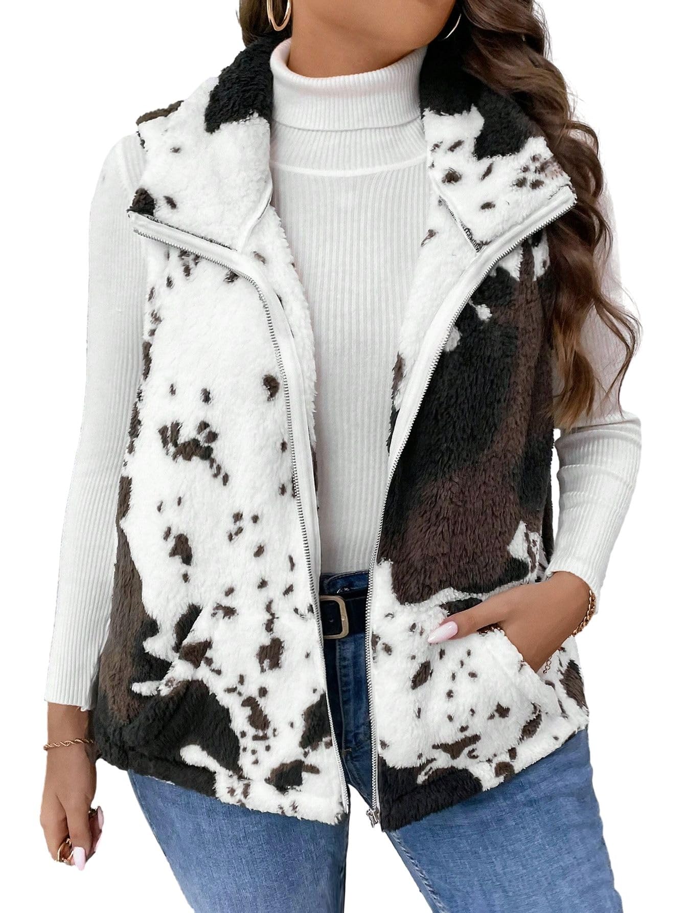 SHENHE Women's Plus Size Cow Print Vest Zip Up Fleece Puffer Vest Faux Fur Coat With Pockets