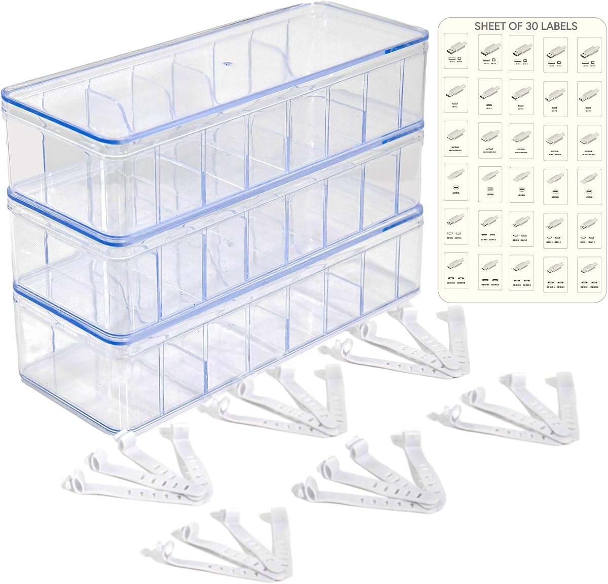 Set of 3 Cable Organizer Box W/Labels - Charger Box, Stackable W/Lids-Cord Organizer Junk Drawer- Cord Storage Box for Desk -Cable Organizer case, Multiuse Organizer