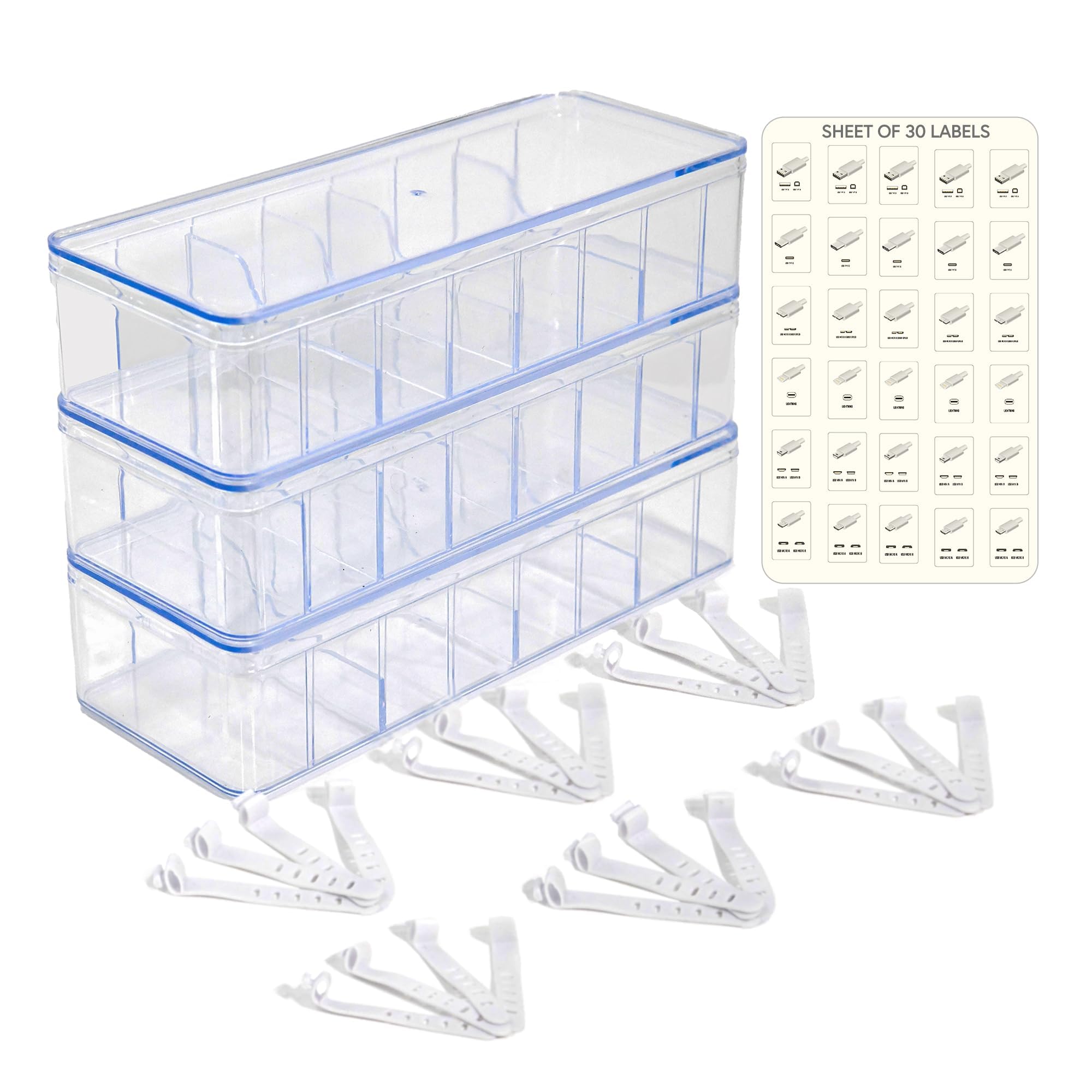 Set of 3 Cable Organizer Box W/Labels - Charger Box, Stackable W/Lids-Cord Organizer Junk Drawer- Cord Storage Box for Desk -Cable Organizer case