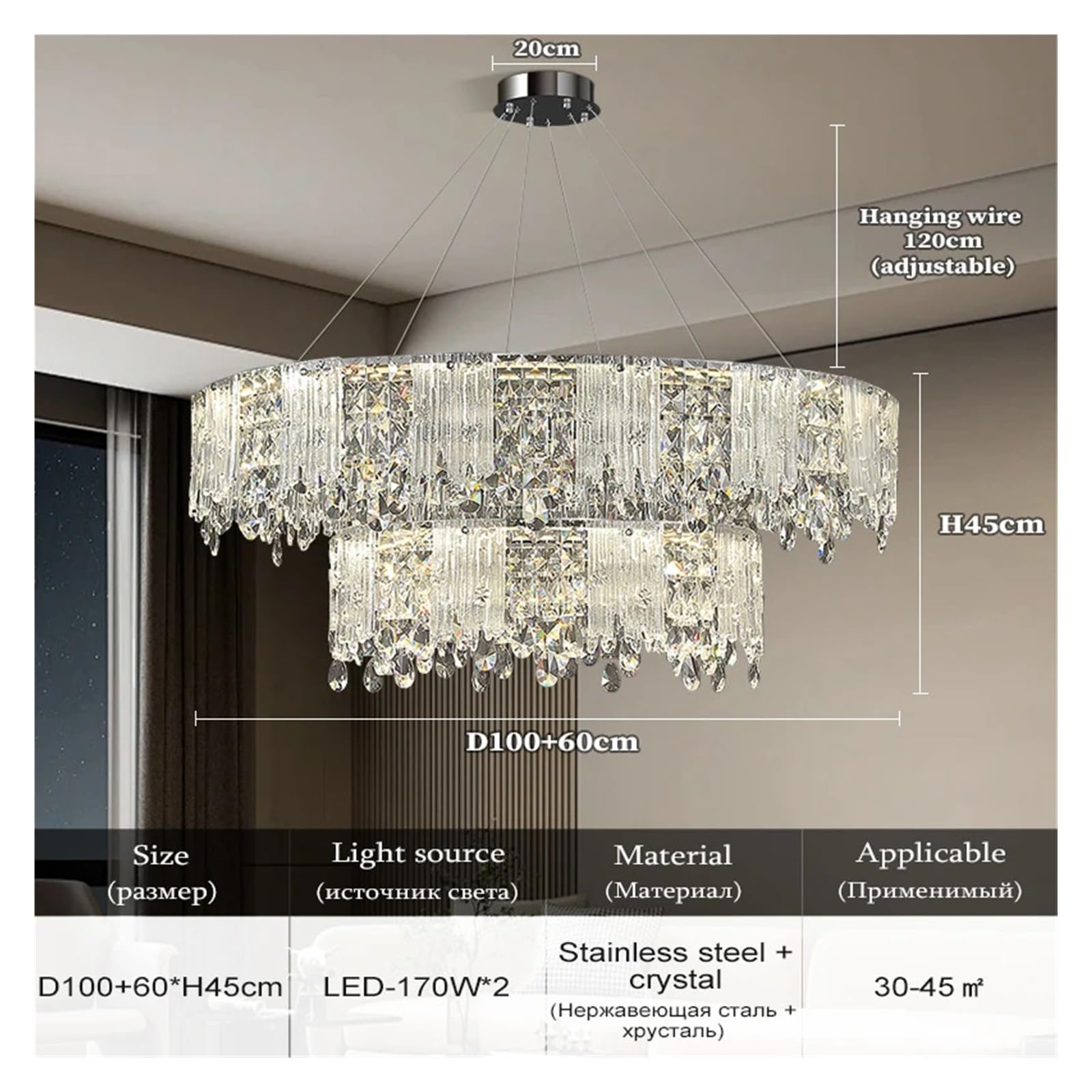 Genérico Luces colgantes de cristal K9 cromadas redondas, lámpara Led moderna for sala de estar y comedor, lámpara colgante de luz con anillo de cristal for dormitorio