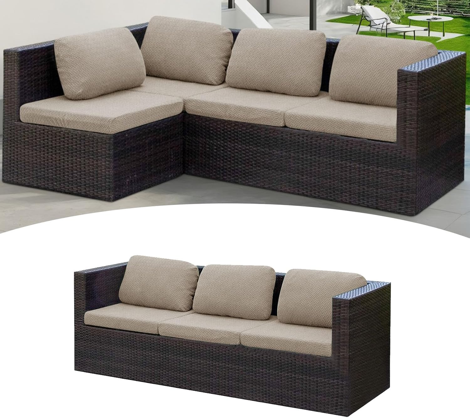 1 Sets Outdoor Seat Cushions Covers, Patio Cushion Replacement Covers Fit for Wicker Rattan Furniture Patio Conversation Set Loveseat Chair,Khaki,Three seat